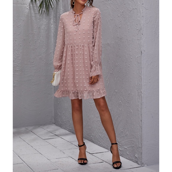 Pink Long Sleeve Swiss Dot Ruffle Loose Dress - Picture 5 of 12